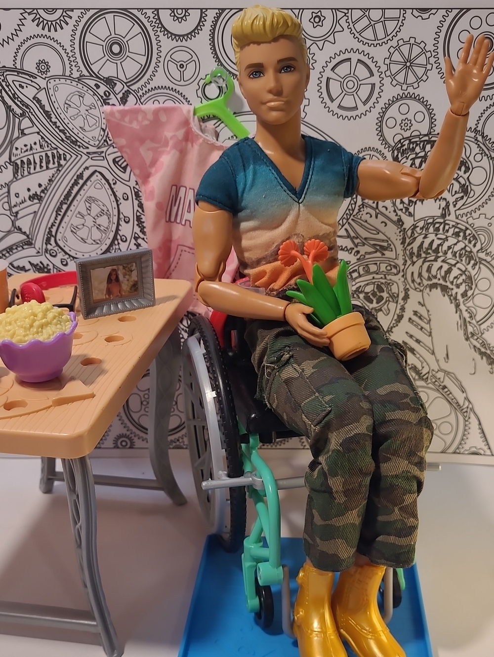 Barbie articulated Ken Doll in wheelchair Set ,Gold Boots, Green Shirt & Pink